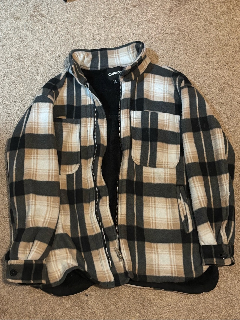 Carbon Women’s Black and Cream Plaid Shirt Jacket
